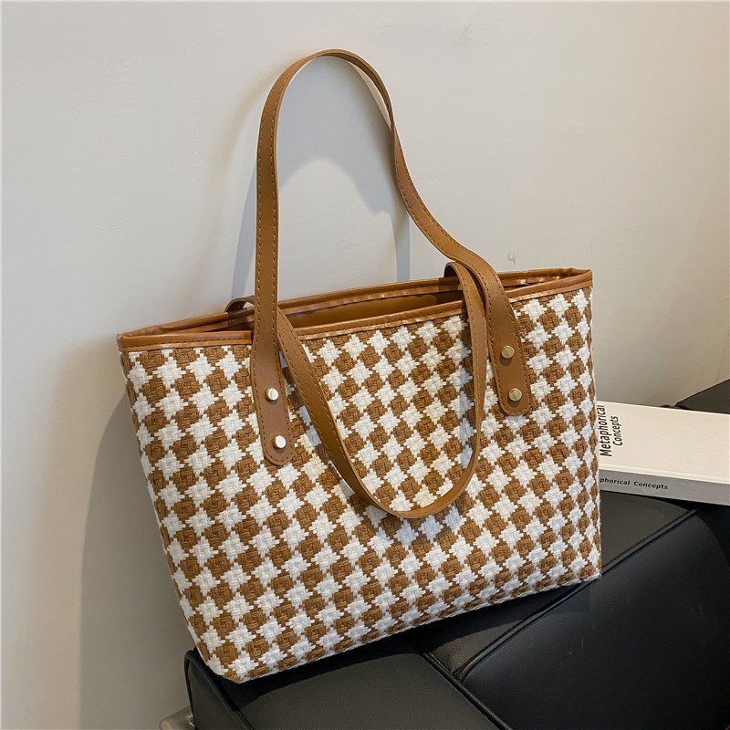 Stylish Plaid Shoulder Tote With Large Capacity - Image 3