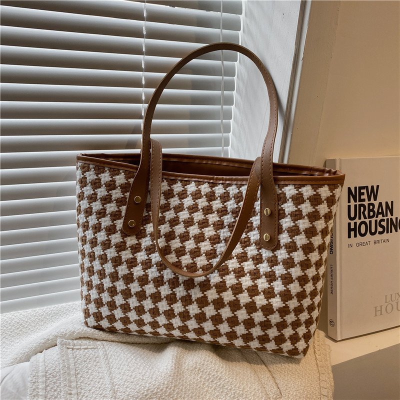 Stylish Plaid Shoulder Tote With Large Capacity - Image 9
